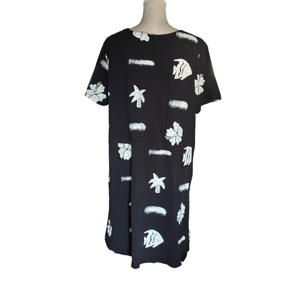 Vintage 90's Black with White Fish Print Stretchy Cotton Maxi Dress size Large - Picture 2 of 13